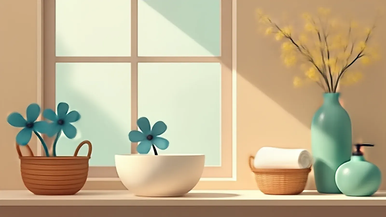 Teal flowers in a basket and a bowl beside a basket of towels and green vases on a sunny windowsill