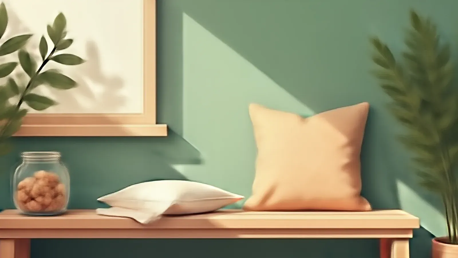 A bench with a peach cushion, a folded white pillow and a jar of walnuts against a green wall
