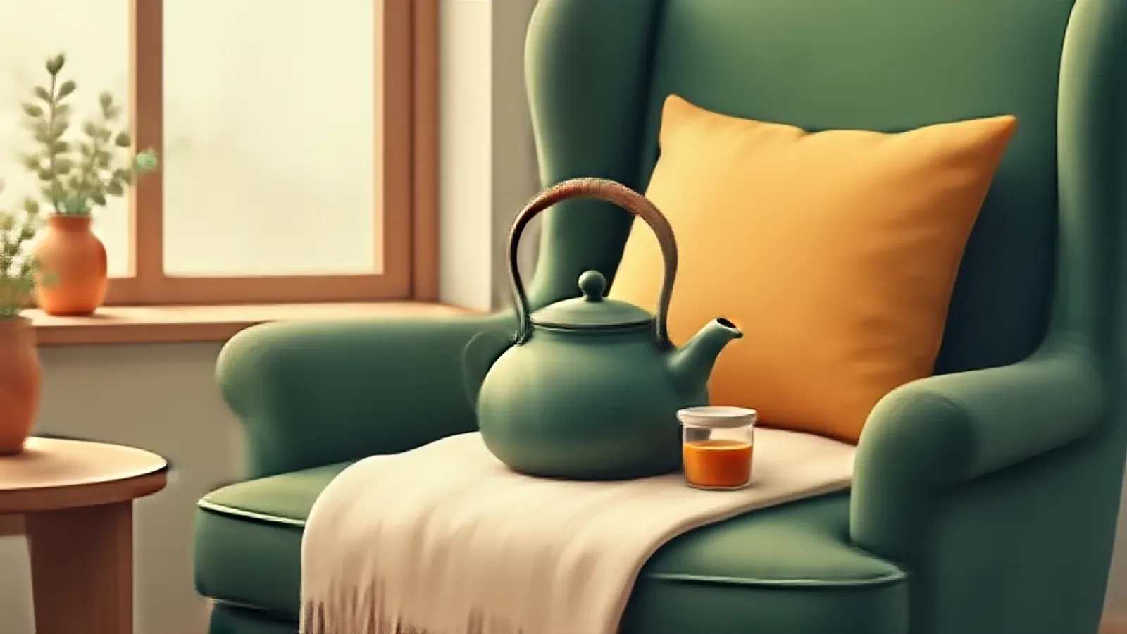 A green kettle and a small jar on a cream throw over a green armchair with a mustard cushion