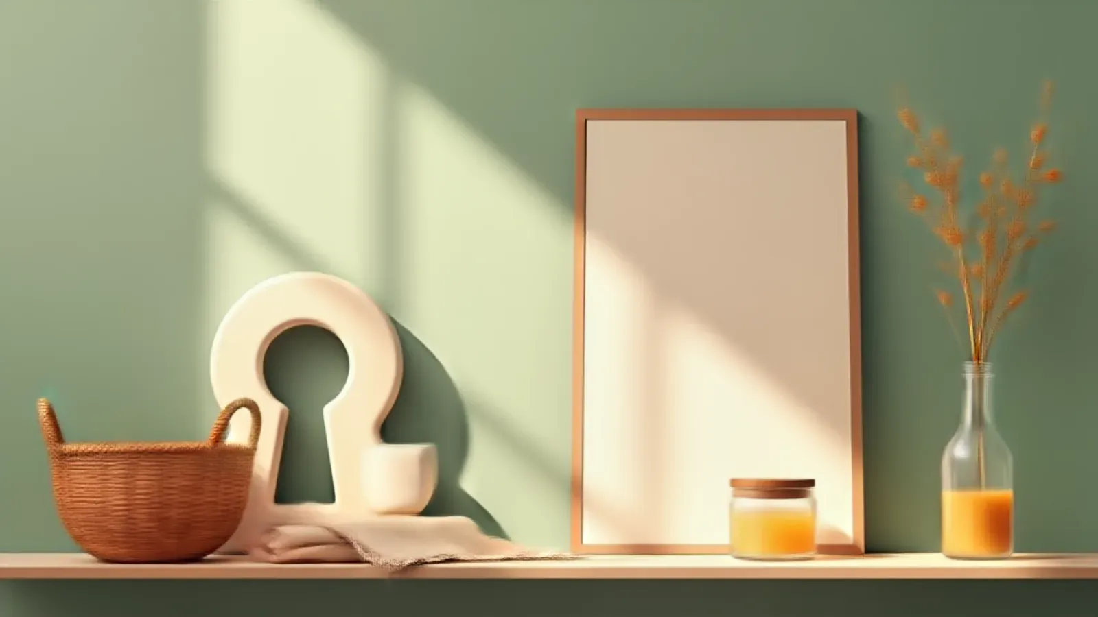 A cream keyhole-shaped ornament, a basket and a blank frame on a sunlit shelf with jars of honey
