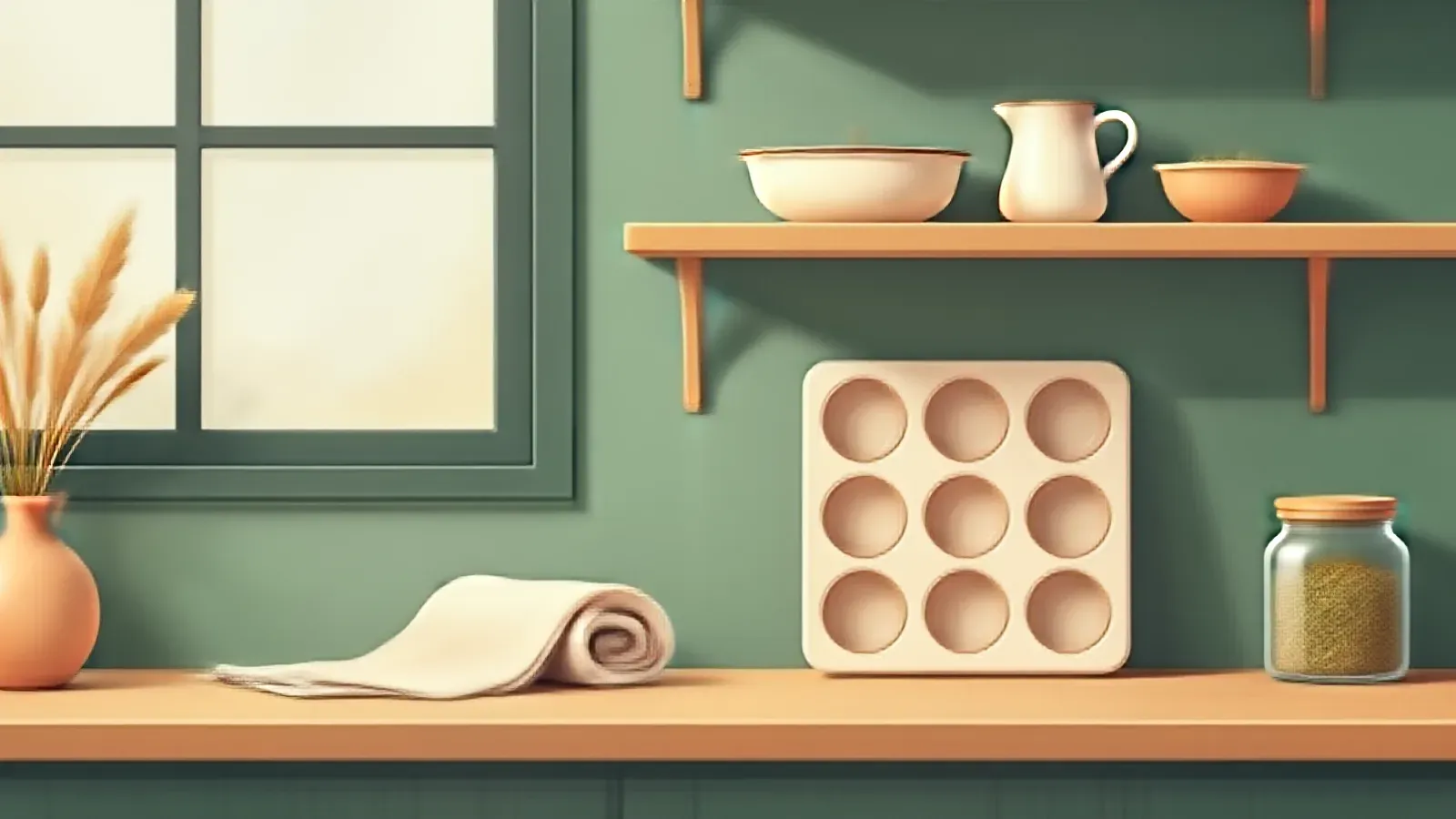 A cream muffin tray with nine empty cups on a kitchen counter, beside a rolled towel and a jar of herbs